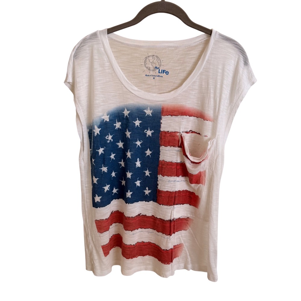 Blue Life Womens American Flag Graphic Pocket T-Shirt White Modal USA Medium
